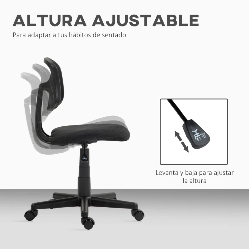 HOMCOM Silla de Oficina sin Brazos Silla de Escritorio Giratoria con Respaldo de Malla Transpirable Altura Ajustable Negro