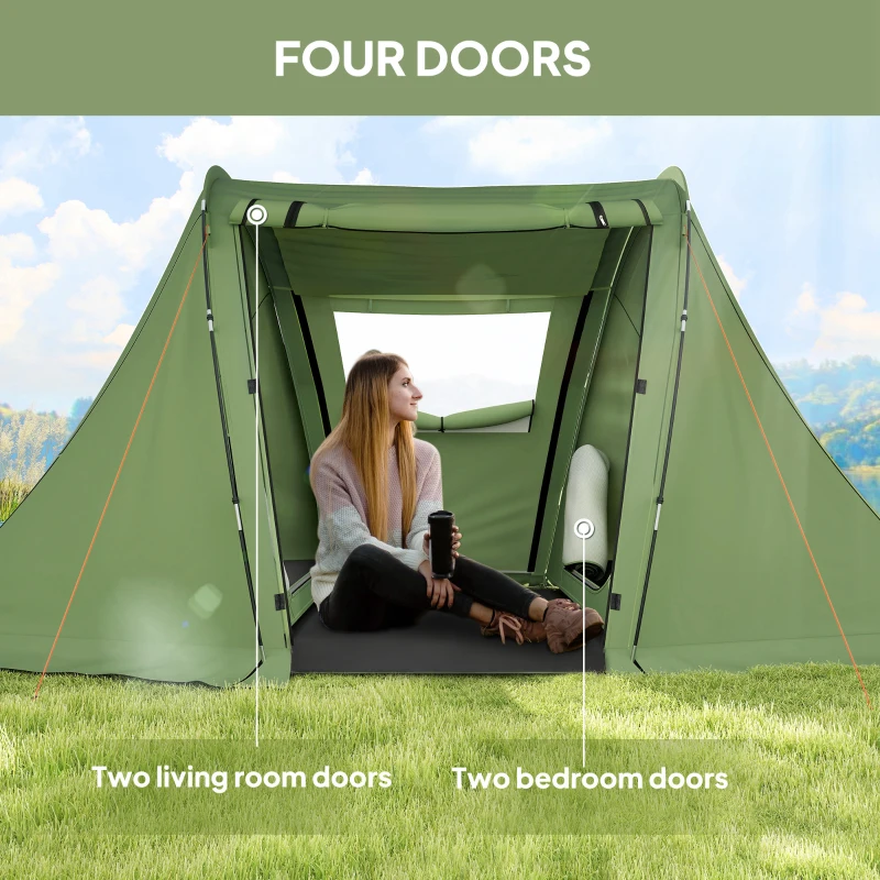 Outsunny 3 Man Camping Tent with Living Area and 2 Bedrooms, 3000mm Waterproof Family Tent with Sewn-in Groundsheet and bag, Portable Dome Shelter  for Hiking, Festival, Backpacking, Green