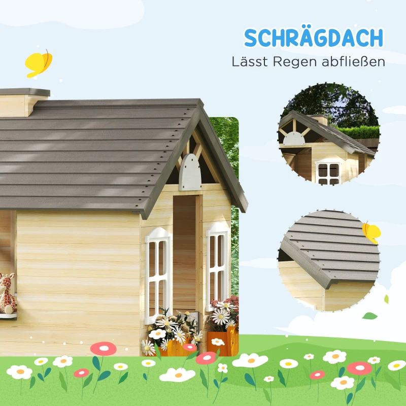Outsunny Spielhaus für Kinder Holz Kinderspielhaus mit Fenster Briefkasten Outdoor Gartenspielhaus mit Blumentopfrack Holzspielhaus für 3-7 Jahre Tannenholz Natur 113 x 94 x 134,5 cm