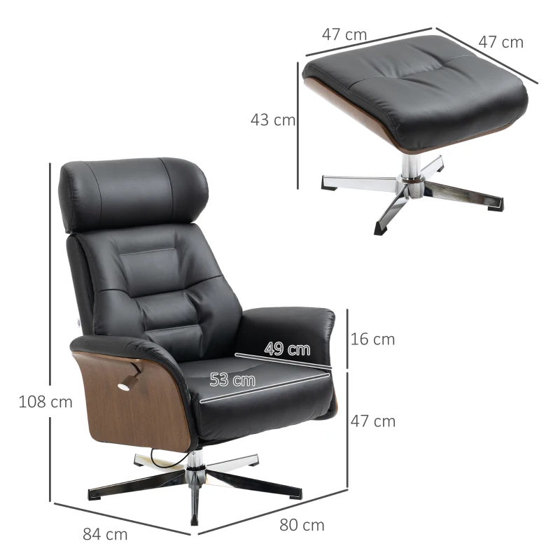 HOMCOM Fauteuil relax avec repose-pied, fauteuil de relaxation avec dossier inclinable, têtière réglable, 80x84x108cm, noir