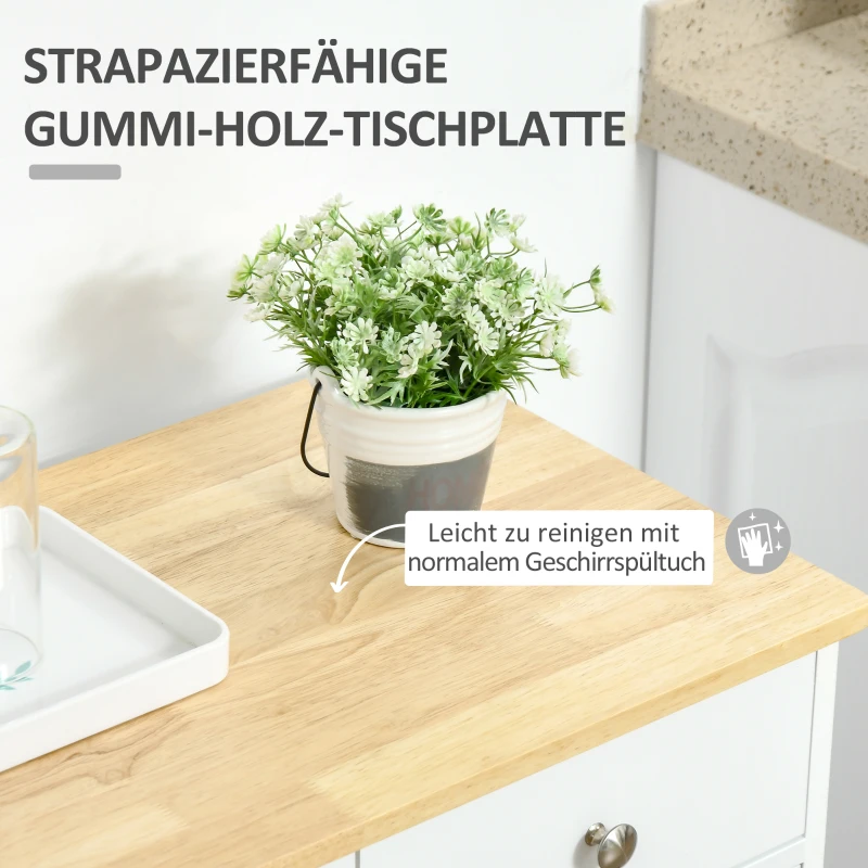 HOMCOM Sideboard, Tischplatte aus Kautschukholz, 2 Schubladen, versetzbarer Einlegeboden, weiß, 68 x 40,3 x 85cm