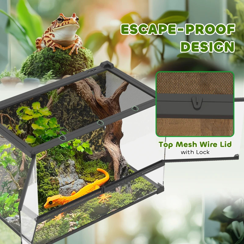 PawHut Reptile Glass Terrarium with Stone Background, Front Ventilation, Escape-Proof Knob Lock, 50 x 30 x 35 cm, Black