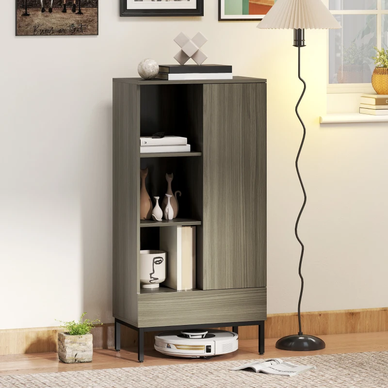 HOMCOM Buffet meuble de rangement avec placard à portes, tiroir, 3 compartiments ouverts et étagères réglables, gris