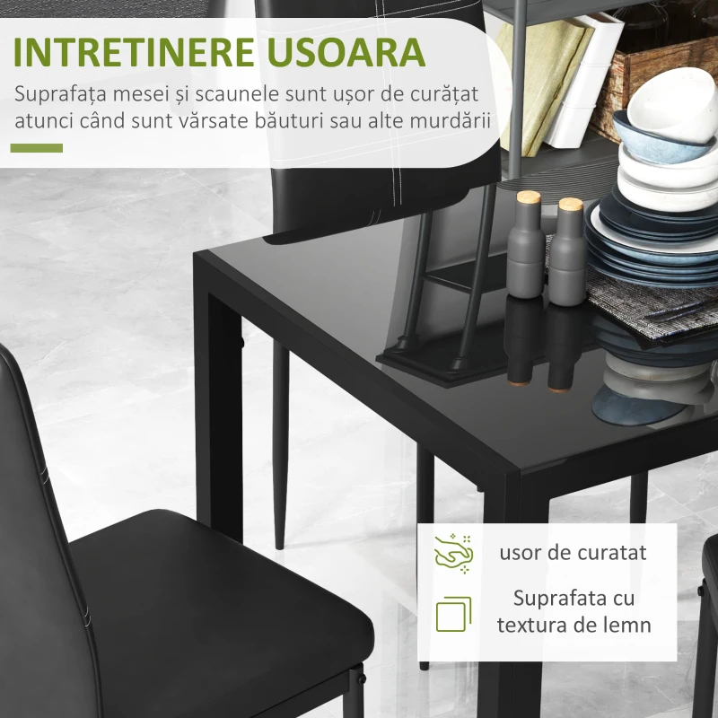 HOMCOM Set de luat masa 4 Scaune tapitate si 1 Masa pentru 4 persoane negru