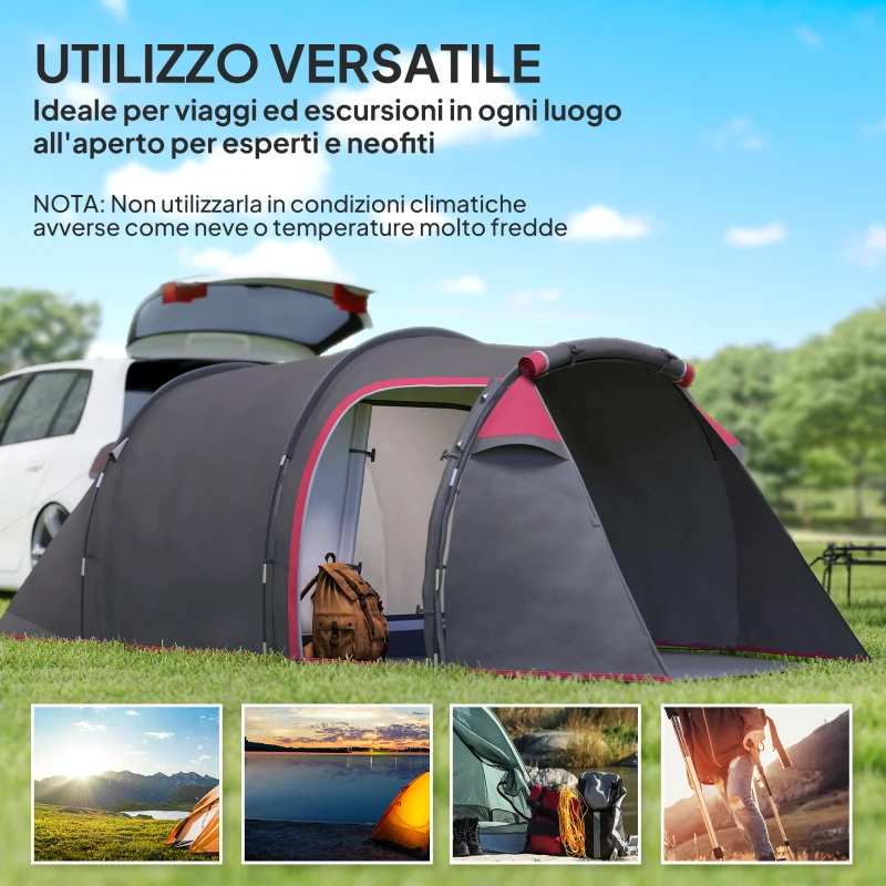 Outsunny Tenda da Campeggio 2-4 Posti con Vestibolo e Porte con Cerniera, 426x206x154cm Grigio