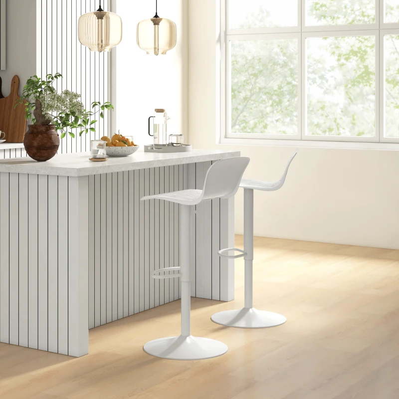 HOMCOM Set 2 Scaune de Bar cu Spătar Ergonomic,  Suport pentru Picioare și Șezut Rotativ, 38,5x40x76,5-97,5 cm, Alb