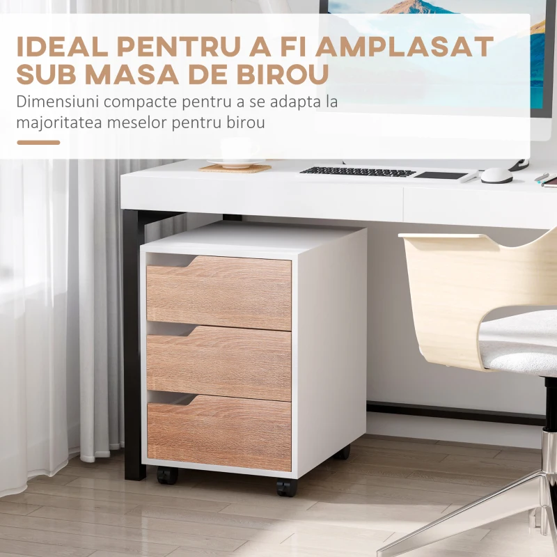 Homcom Comoda Birou – 3 Sertare, Roti, Alb si Lemn