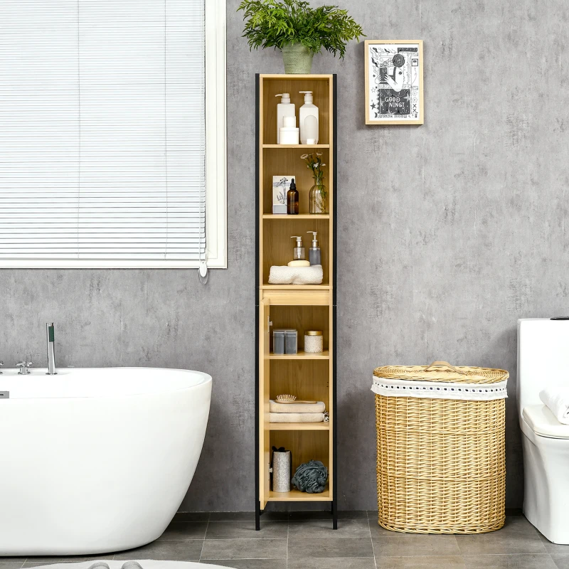 kleankin  Columna de Baño con 1 Puerta y 3 Estantes Abiertos Mueble Auxiliar de Estilo Industrial 30x28x168 cm Roble