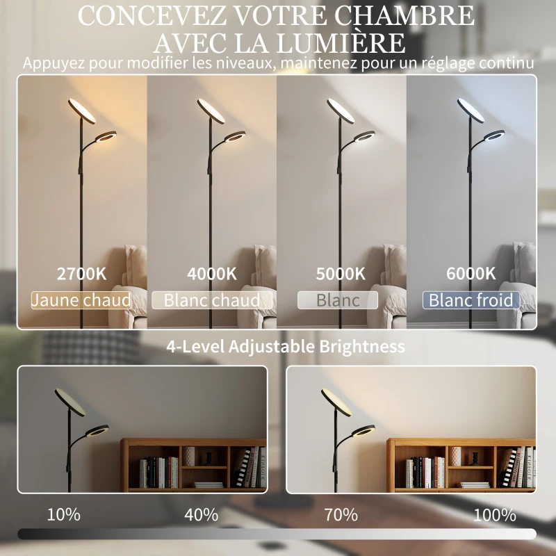 HOMCOM Lampadaire LED 42W dimmable 2700K-6500K 4 couleurs variation continue, 4 modes scène, télécommande et contrôle tactile