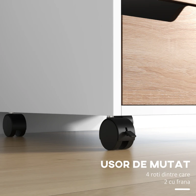 Homcom Comoda Birou – 3 Sertare, Roti, Alb si Lemn