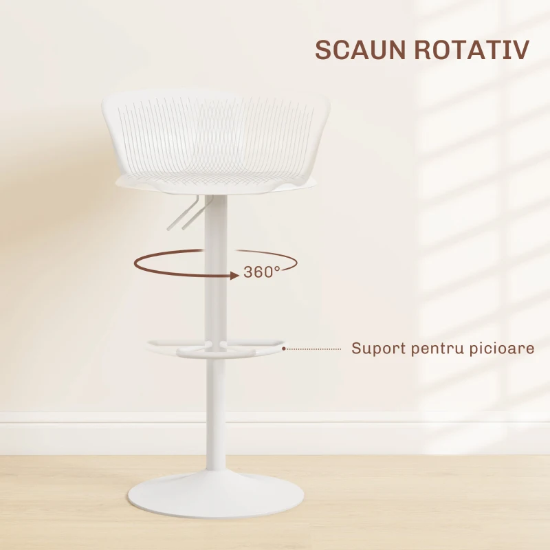 HOMCOM Set 2 Scaune de Bar cu Spătar Ergonomic,  Suport pentru Picioare și Șezut Rotativ, 38,5x40x76,5-97,5 cm, Alb
