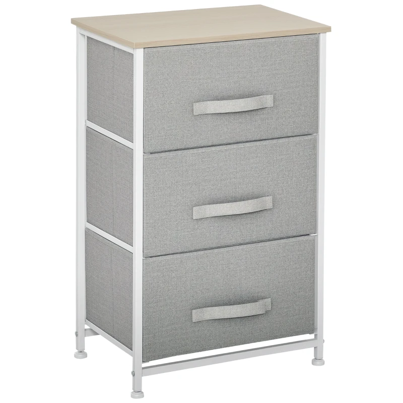 HOMCOM Mueble de almacenamiento chiffonnier moderno 3 cajones en tela estructura de acero y MDF 45x30x71 cm Gris