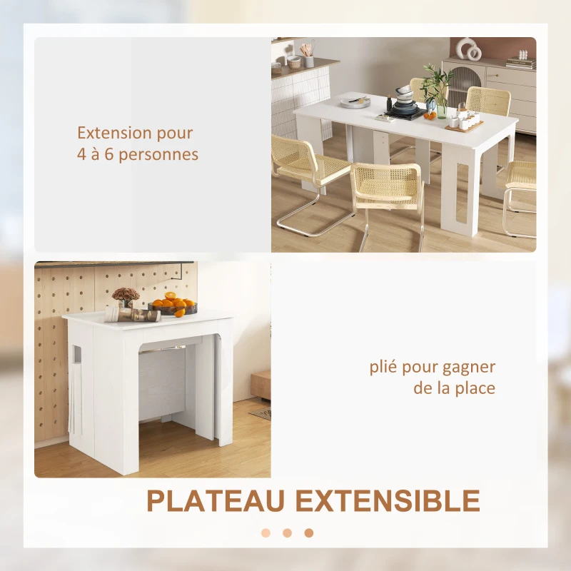 HOMCOM Table à manger pliante, table pliante cuisine extensible jusqu'à 6 personnes, pour petits espaces, salle à manger, blanc