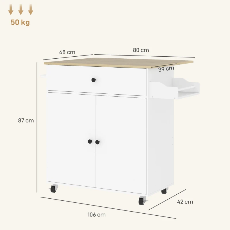 HOMCOM Desserte de cuisine sur roulettes, Îlot central cuisine - tiroir, étagère réglable, support à épices et porte-serviette