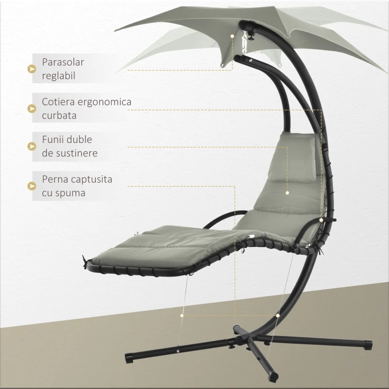 Outsunny Sezlong Suspendat Relax Șezlong de Lux cu Acoperis, Gri
