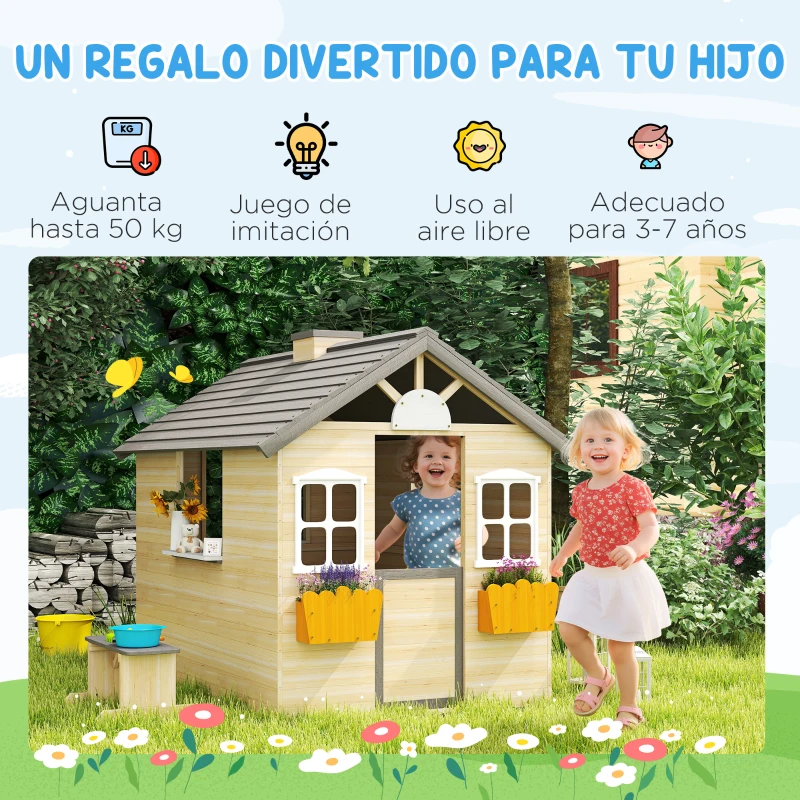 Outsunny Casita Infantil de Juegos Exterior para Niños de 3 -7 Años con Ventanas 2 Jardineras y 1 Banco 113x94x134,5 cm Natural