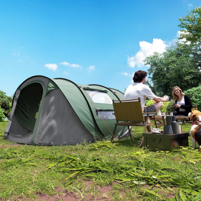 Outsunny Tenda da Campeggio Pop Up 2 Posti con 2 Porte, 4 Finestre e Telo Impermeabile, 263.5x220x123 cm, Verde Scuro