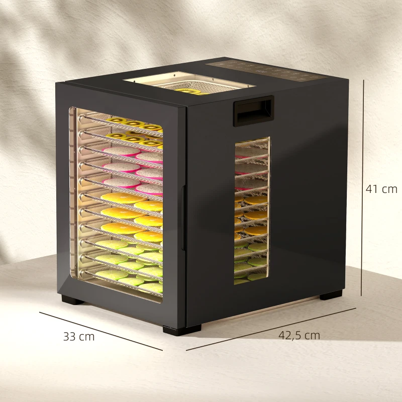 HOMCOM Dörrautomat Dörrgerät, 850 W, 40-70°C Temperaturregler, 48 Std. Timer, 12 Einlegefächer Edelstahl Schwarz(m-3)