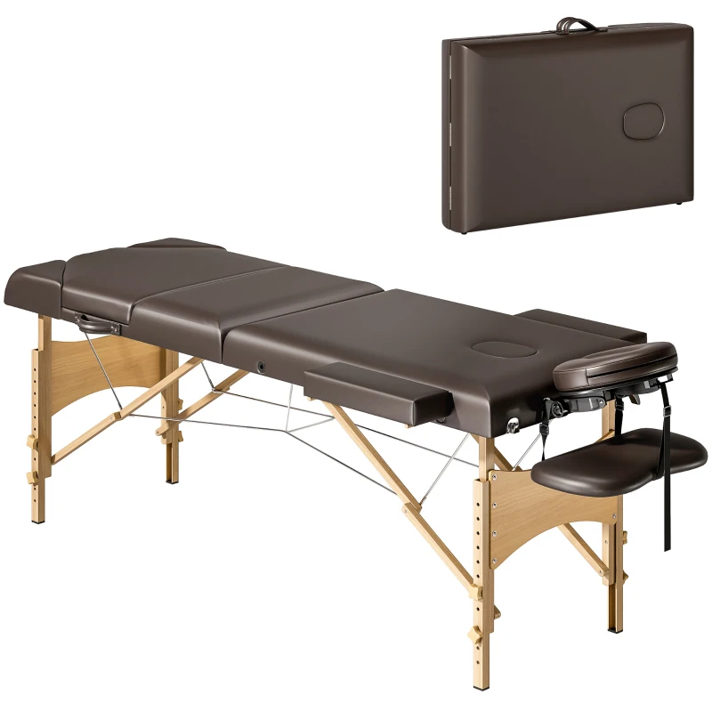 HOMCOM Table de Massage Pliable en Bois 3 Zones avec Hauteur Réglable Appuie-tête Accoudoirs 215x60x64-89 cm Marron