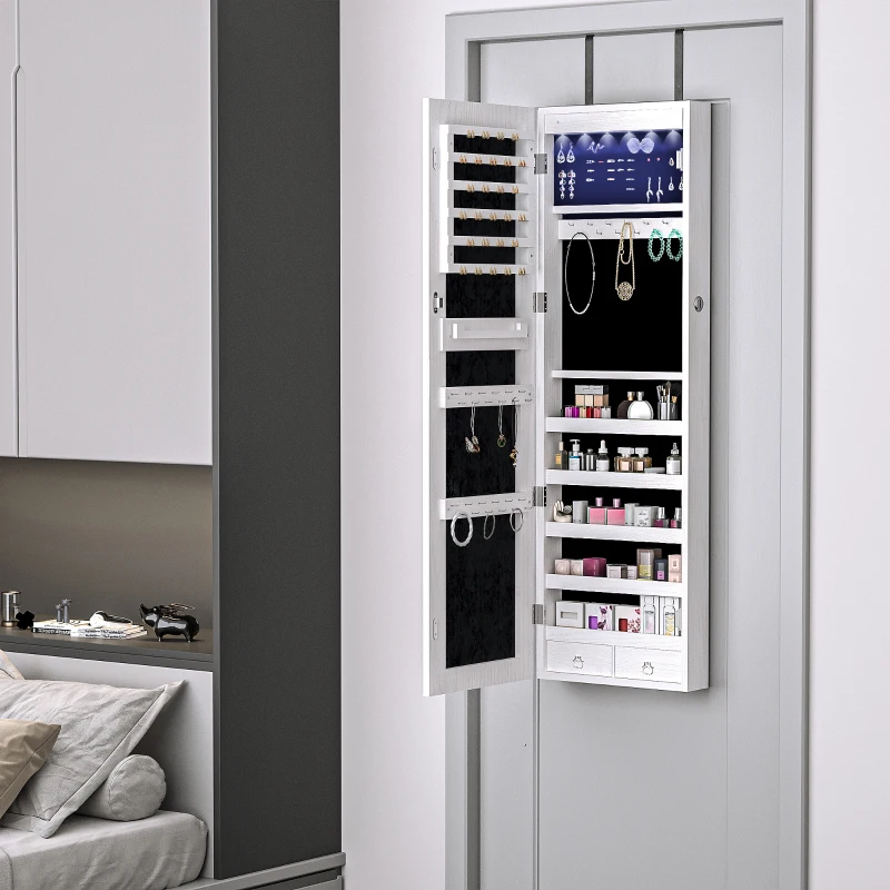 HOMCOM Armoire à bijoux suspendue au mur ou à la porte avec miroir, LED, 5 étagères, 2 tiroirs, 37x10x120cm, effet bois grisé