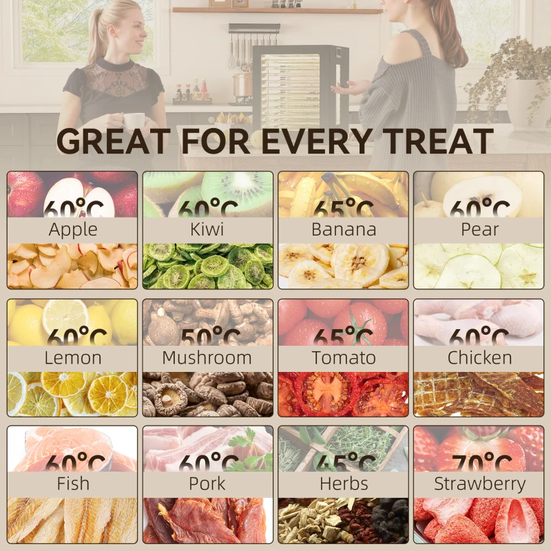 HOMCOM Disidratatore, 850 W, Regolatore di Temperatura 40-70°C, Timer 48 ore, 12 Vassoi in Acciaio Inox Nero