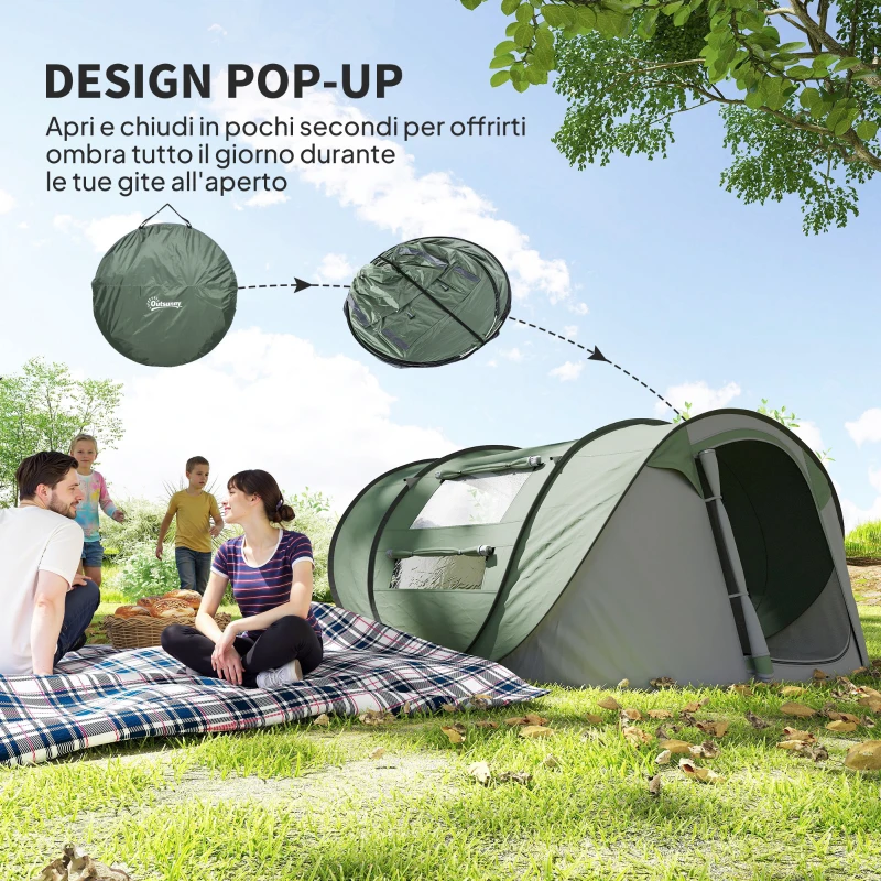 Outsunny Tenda da Campeggio Pop Up 2 Posti con 2 Porte, 4 Finestre e Telo Impermeabile, 263.5x220x123 cm, Verde Scuro