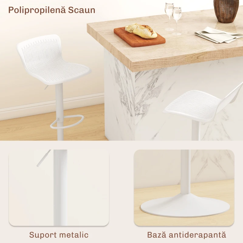 HOMCOM Set 2 Scaune de Bar cu Spătar Ergonomic,  Suport pentru Picioare și Șezut Rotativ, 38,5x40x76,5-97,5 cm, Alb