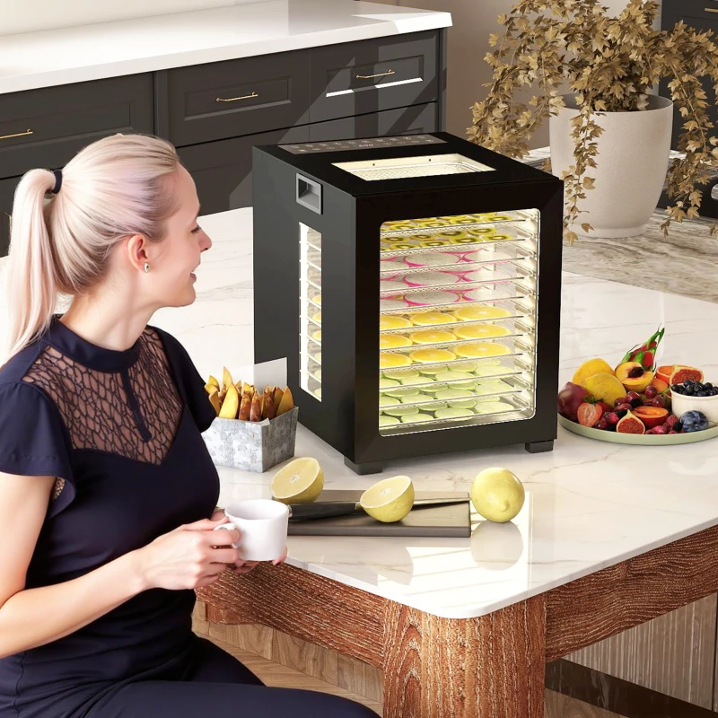 HOMCOM Dörrautomat Dörrgerät, 850 W, 40-70°C Temperaturregler, 48 Std. Timer, 12 Einlegefächer Edelstahl Schwarz(m-2)
