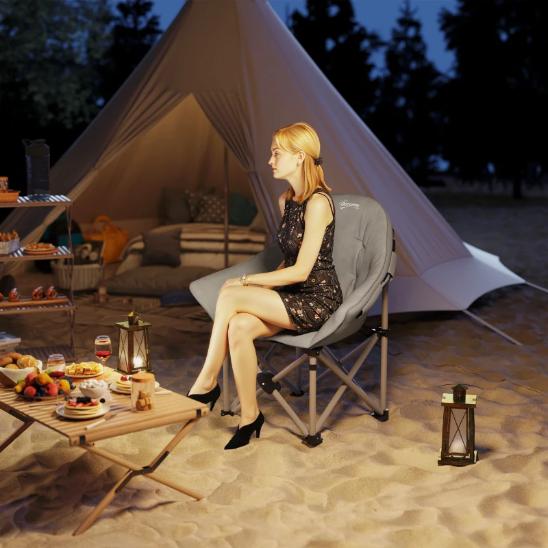 Outsunny Opvouwbare Campingstoel met Zijvak, Draagtas, Gepolsterd tot 120kg Belastbaar, Donkergrijs