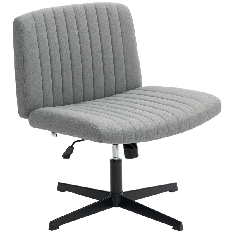 HOMCOM Armless Office Chair No Wheels, Linen Fabric Criss Cross Legged Desk Chair with Wide Seat, Thick Padding, Tilt Function, Height Adjustable Swivel Computer Seat for Home, Grey