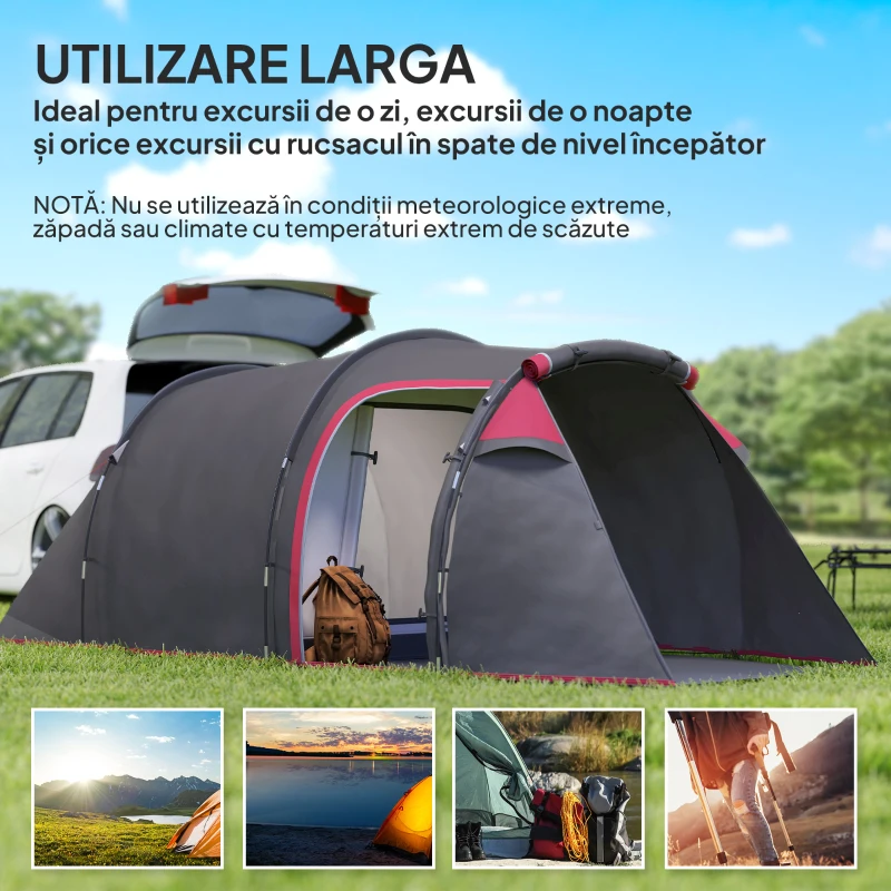 Outsunny Cort pentru Camping 2 Locuri cu Vestibul Mare, Cort Impermeabil Usi cu Fermoar, 426x206x154cm Gri