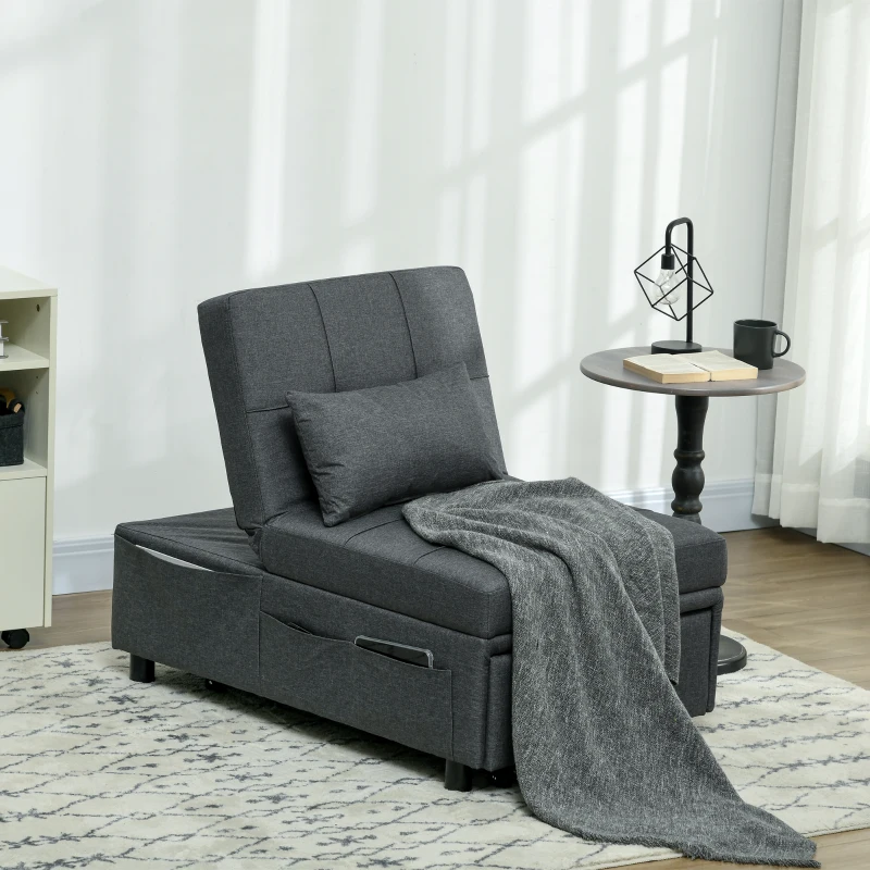 HOMCOM Ligstoel Slaapstoel 3-in-1 Stoel, linnenlook, inclusief kussen, 65,5 cm x 104 cm x 81 cm, Donkergrijs(m-11)