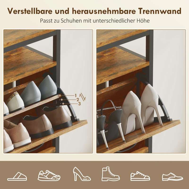 HOMCOM Schoenenkast met 4 klapladen, smal ontwerp, open vak, voor 12-20 paar schoenen, staal, bruin(m-6)