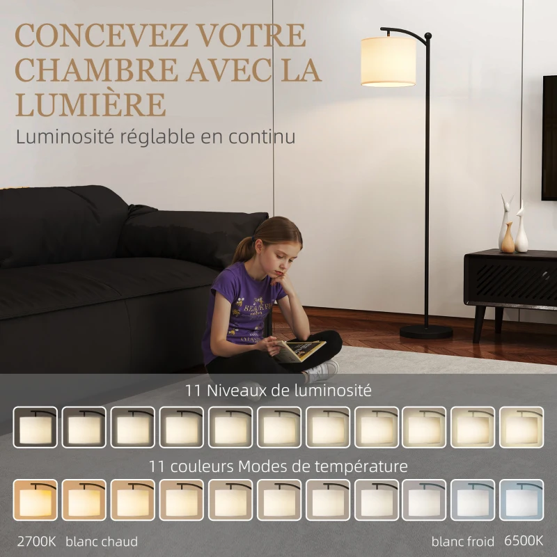 HOMCOM Lampadaire dimmable 2 températures de couleur avec télécommande, minuterie de 60 minutes, 160 cm, noir