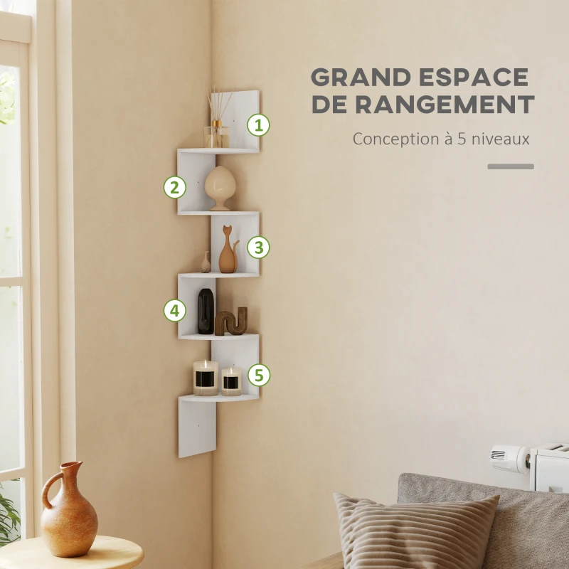 HOMCOM Étagère d'angle Murale de Rangement Forme Zigzag 20L x 20l x 126H cm 5 Niveaux Bois Blanche