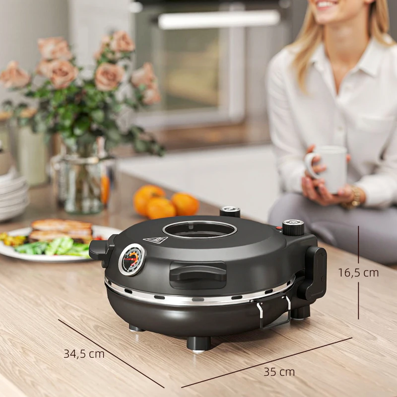 HOMCOM Elektrische Pizzaoven 430 ℃, 1200 Watt Pizzabakker met 30 cm Steenplaat, Timer, Zichtvenster, Roestvrij staal Zwart(m-8)