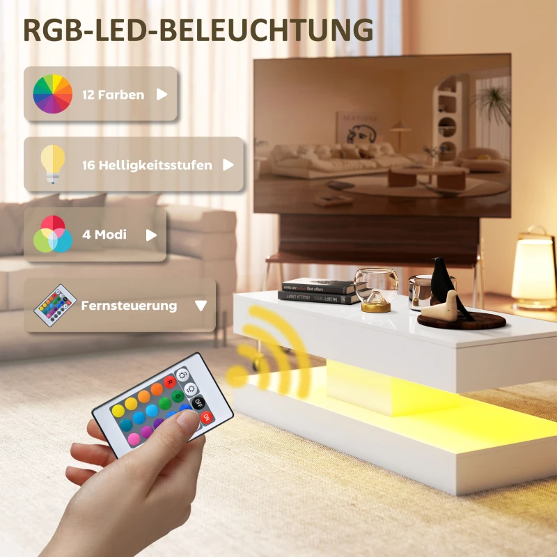 HOMCOM Salontafel met Lades en LED-verlichting, moderne Sofatafel met open opbergruimte, Salontafel, Spaanplaat, Wit(m-4)