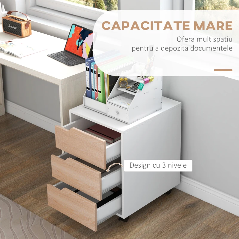 Homcom Comoda Birou – 3 Sertare, Roti, Alb si Lemn
