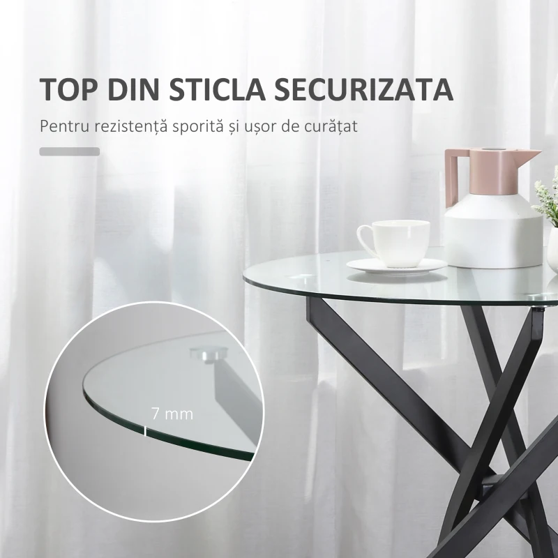 HOMCOM Masa Rotunda 80×80×75 cm – Sticla Eleganta & Picioare Metal