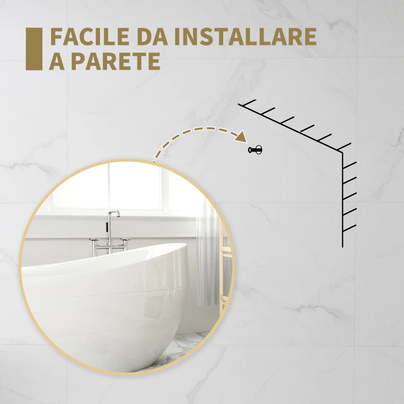 HOMCOM Specchio Rotondo da Bagno con Superficie Antiurto, in Vetro e Acciaio, Ø70x2.5 cm, color Oro