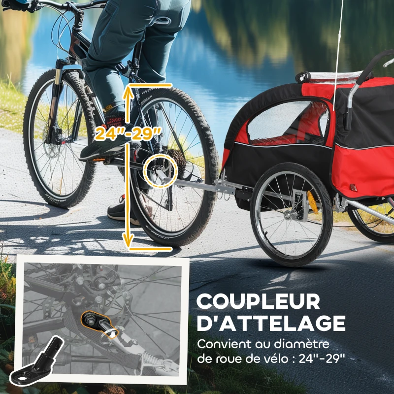 HOMCOM Remorque vélo enfant 2 en 1 avec ceinture de sécurité 5 points, réflecteurs, drapeau et rideau coupe-vent, rouge