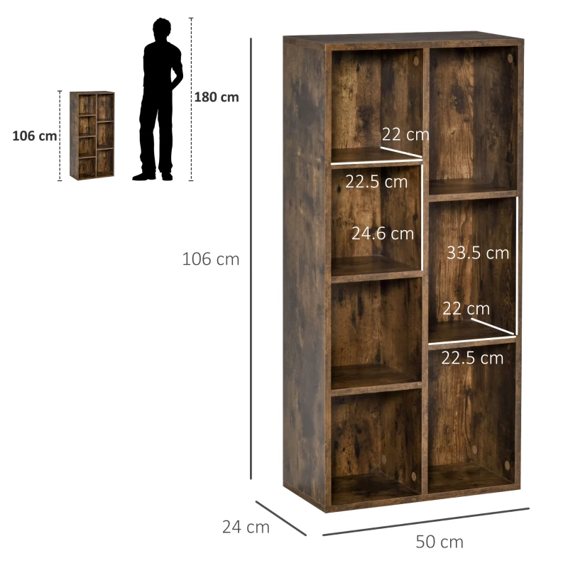 HOMCOM Mobile Libreria a 7 Cubi di Diverse Dimensioni in MDF, Arredamento Moderno Casa e Ufficio, 50x24x106cm, Marrone Rustico