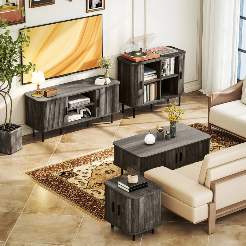 HOMCOM Mid-Century Modern Sideboard Storage Cabinet with Slatted Tambour Sliding Doors, Kitchen Cabinet with Steel Legs, Grey