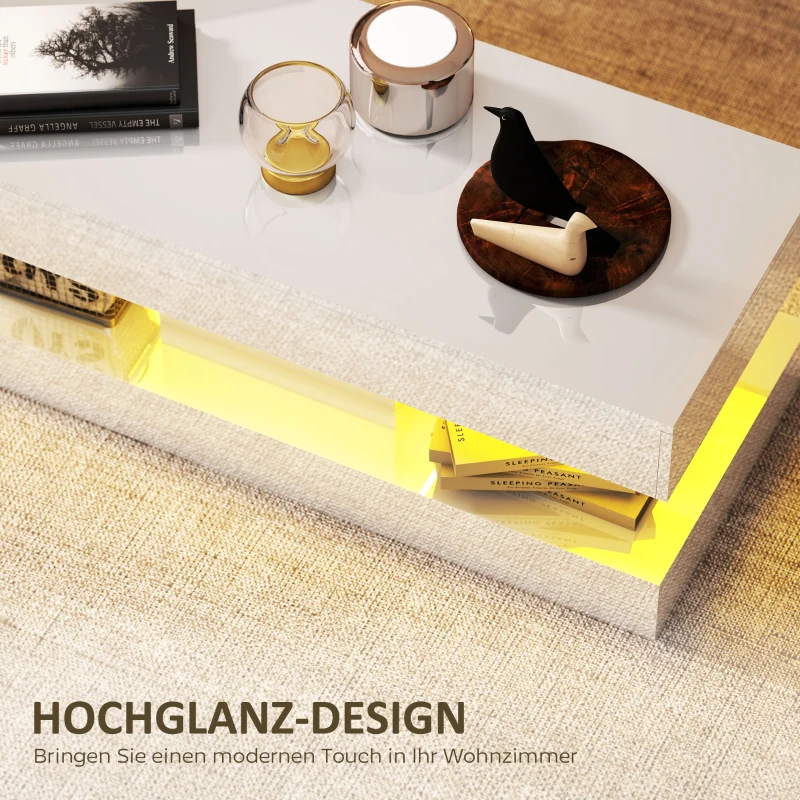 HOMCOM Wohnzimmertisch mit Schubladen und LED-Lichtern, moderner Sofatisch mit offener Ablage, Couchtisch, Spanplatte, Weiß(m-6)
