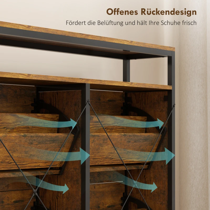 HOMCOM Schoenenkast met 4 klapladen, smal ontwerp, open vak, voor 12-20 paar schoenen, staal, bruin(m-9)