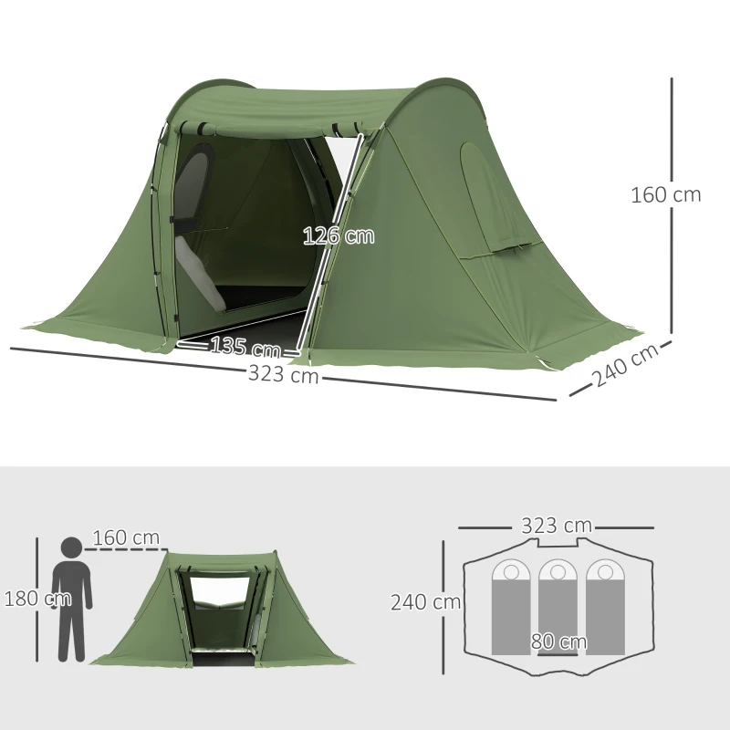Outsunny 3 Man Camping Tent with Living Area and 2 Bedrooms, 3000mm Waterproof Family Tent with Sewn-in Groundsheet and bag, Portable Dome Shelter  for Hiking, Festival, Backpacking, Green