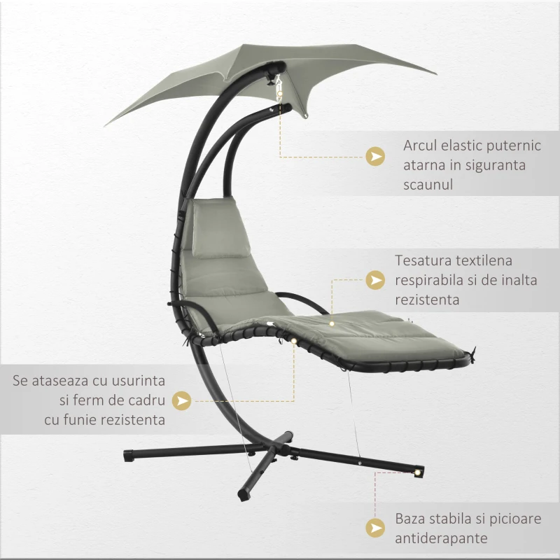 Outsunny Sezlong Suspendat Relax Șezlong de Lux cu Acoperis, Gri