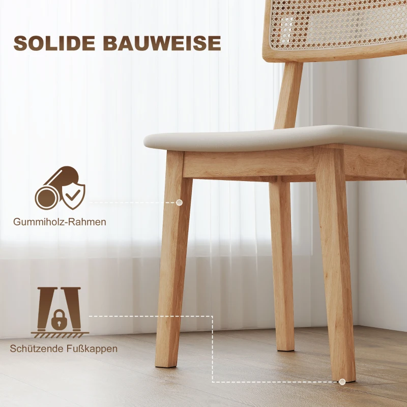 HOMCOM Krzesło jadalniane, oparcie z rattanu, siedzisko z sztucznej skóry, drewno gumowe, naturalne drewno