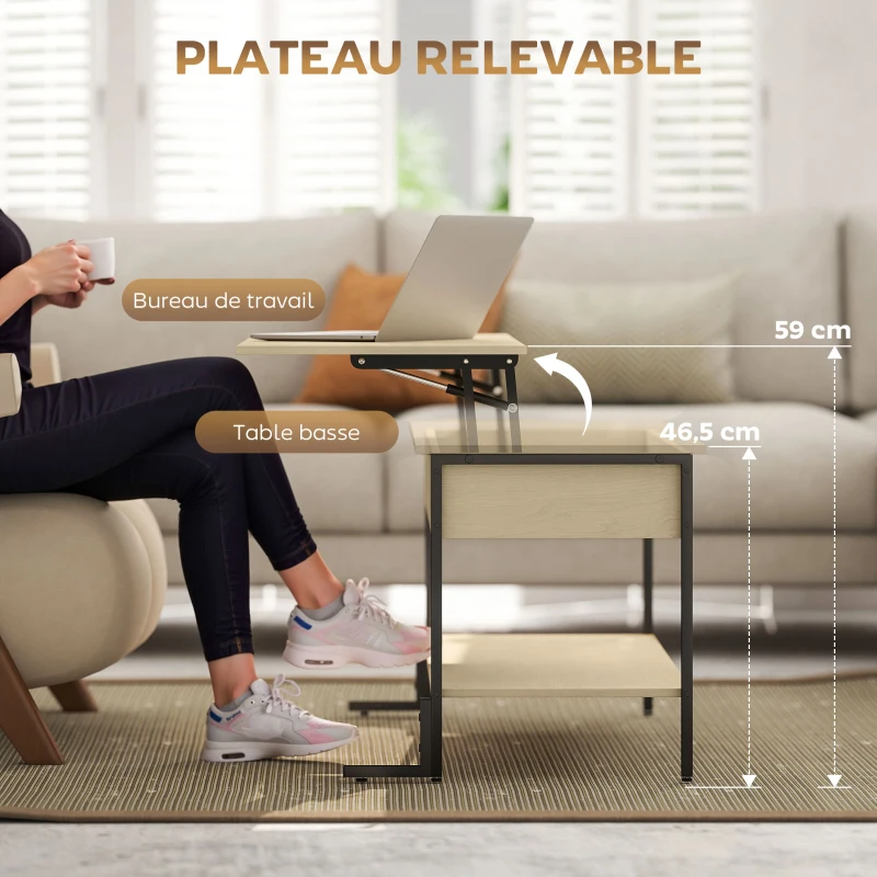 HOMCOM Table basse avec plateau relevable, table de salon avec compartiment caché et étagère ouverte, 95x40x59cm, bois naturel