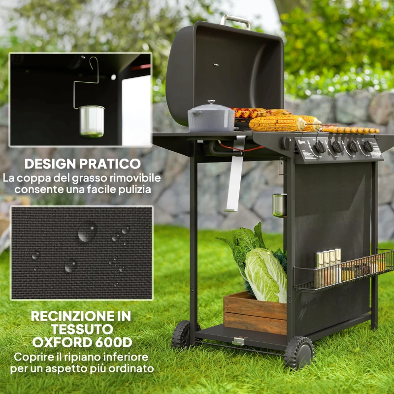 Outsunny Barbecue a Gas con 4+1 Bruciatori Indipendenti e Coperchio con Termometro, 121x54x97 cm, Nero